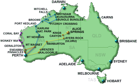 Map of Australia showing routes and major tourist spots